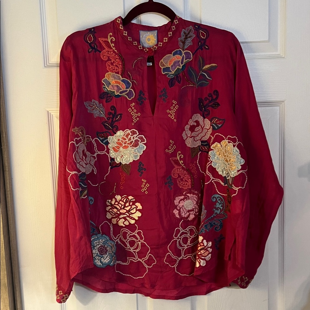 Johnny Was Crimson Floral Embroidered Blouse